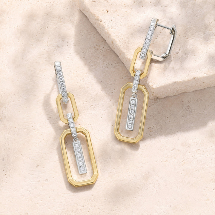 E1898 - 14K Two Tone Gold Diamond Paperclip Drop Earrings