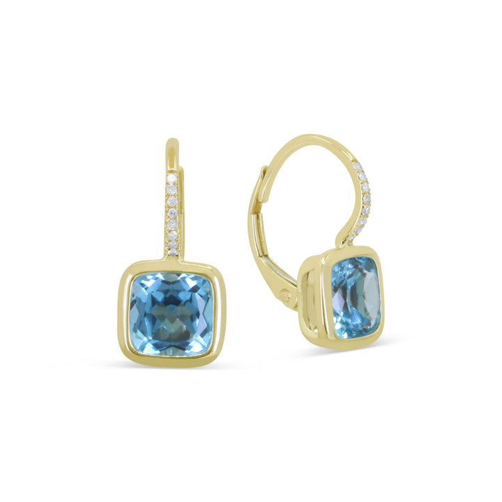 Beautiful Hand Crafted 14K Yellow Gold  Swiss Blue Topaz And Diamond Essentials Collection Drop Dangle Earrings With A Lever Back Closure