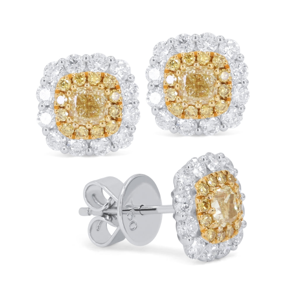 Beautiful Hand Crafted 18K White Gold  Fancy Yellow Diamond And Diamond Milano Collection Stud Earrings With A Push Back Closure