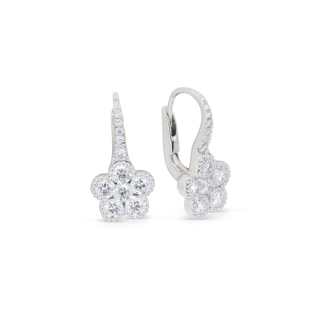 Beautiful Hand Crafted 18K White Gold White Diamond Milano Collection Drop Dangle Earrings With A Lever Back Closure