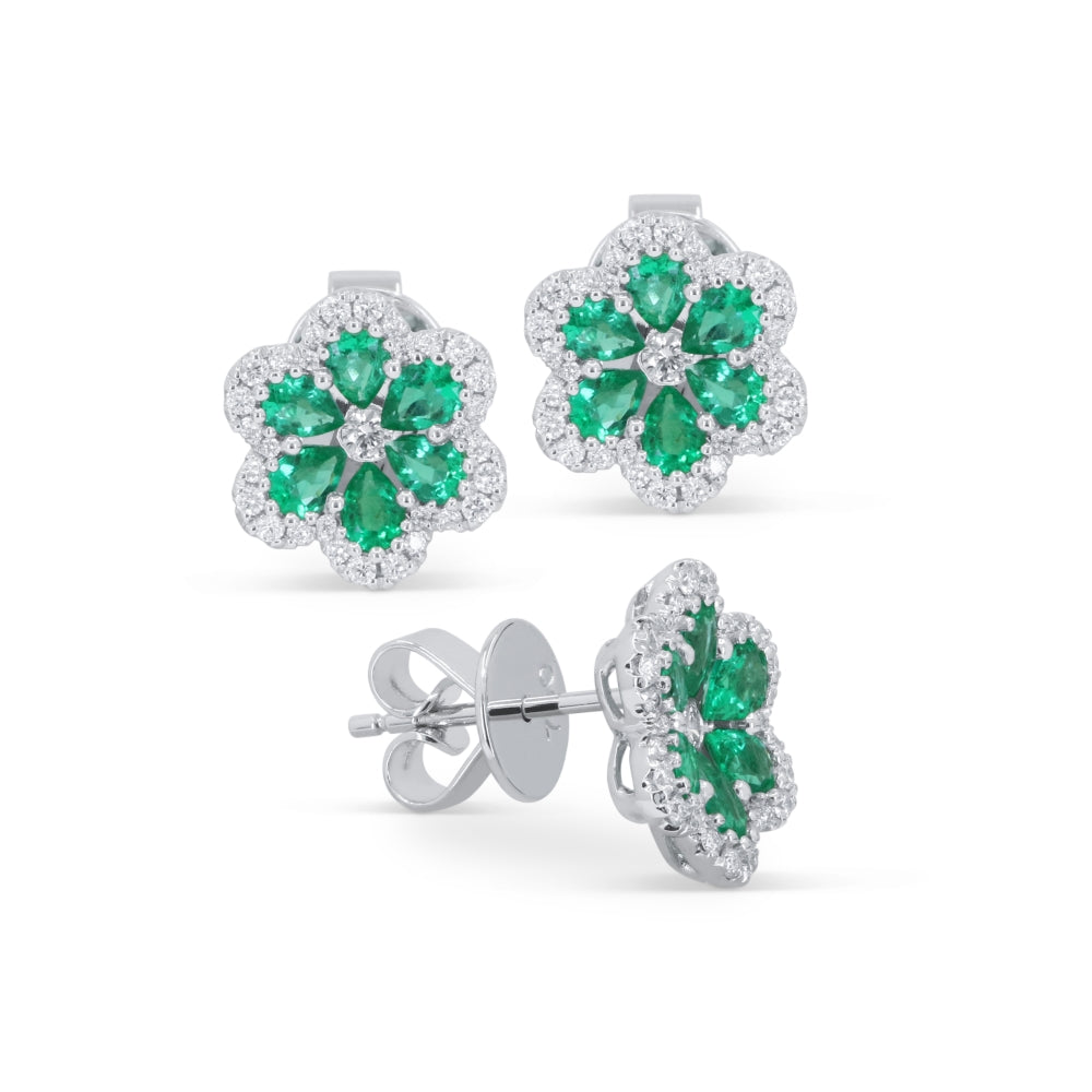 Beautiful Hand Crafted 18K White Gold  Emerald And Diamond Arianna Collection Stud Earrings With A Push Back Closure