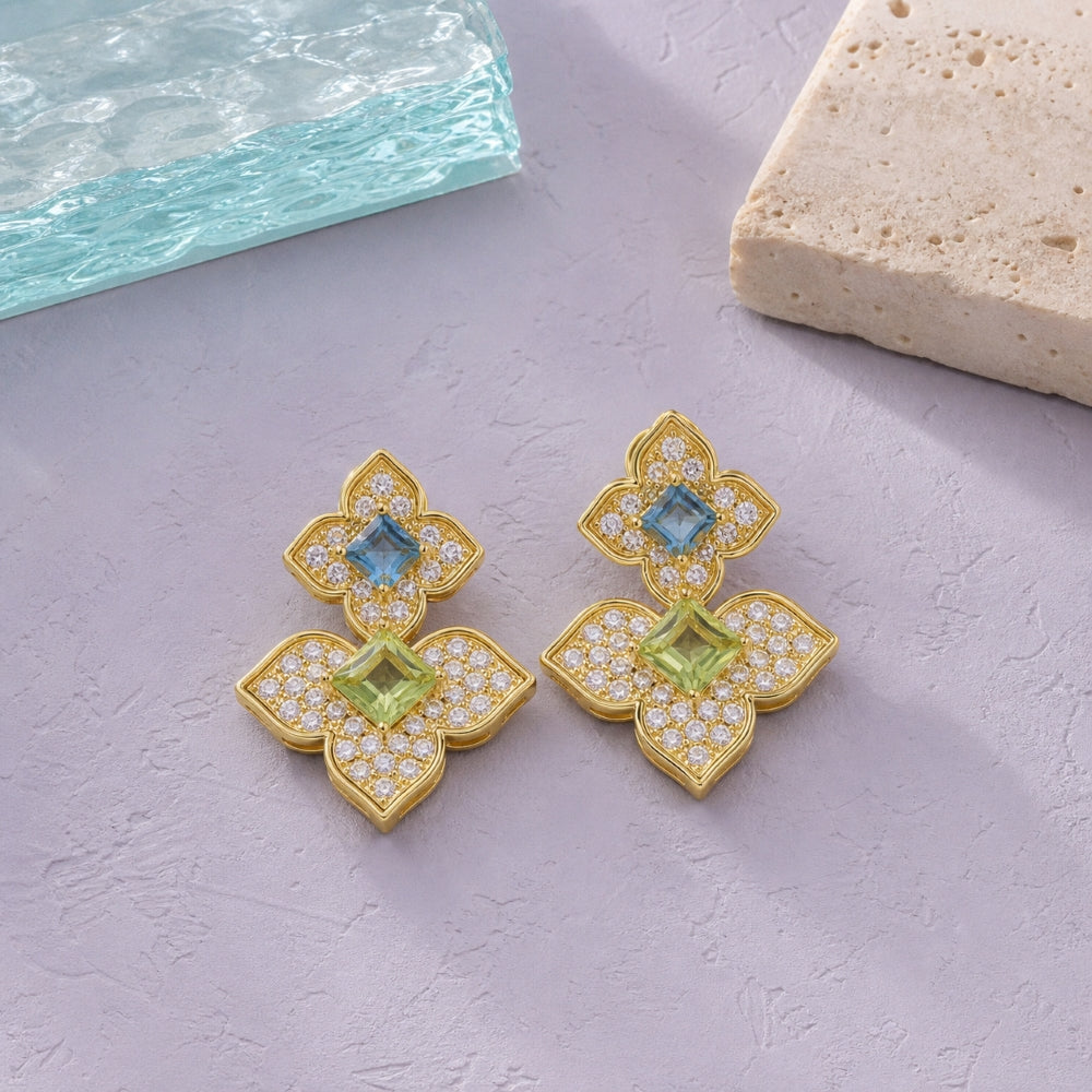 E1971 - 14K Yellow Gold Diamond Flower Drop Earrings
