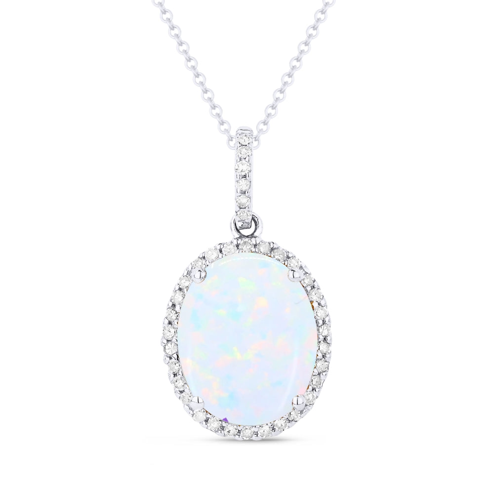 Beautiful Hand Crafted 14K White Gold 8X10MM Created Ethiopian Opal And Diamond Essentials Collection Pendant