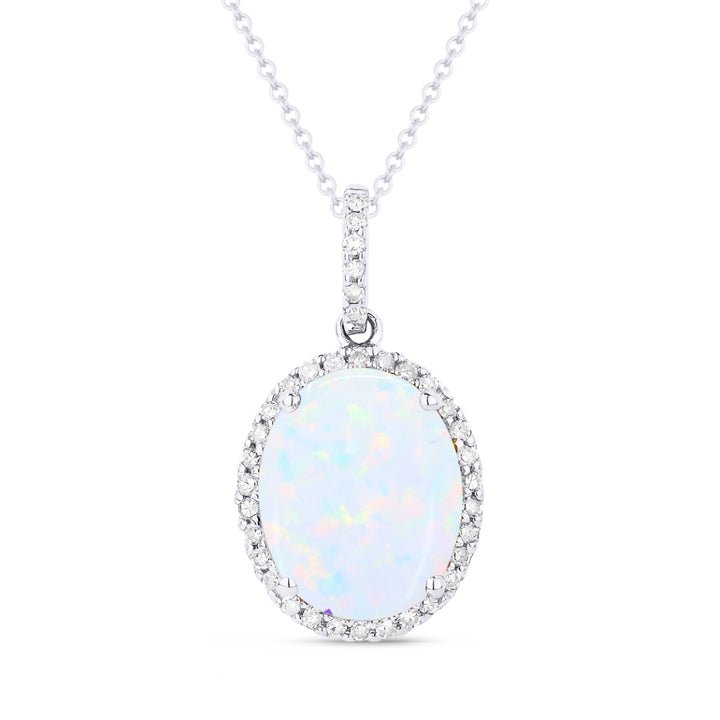 Beautiful Hand Crafted 14K White Gold 8X10MM Created Ethiopian Opal And Diamond Essentials Collection Pendant