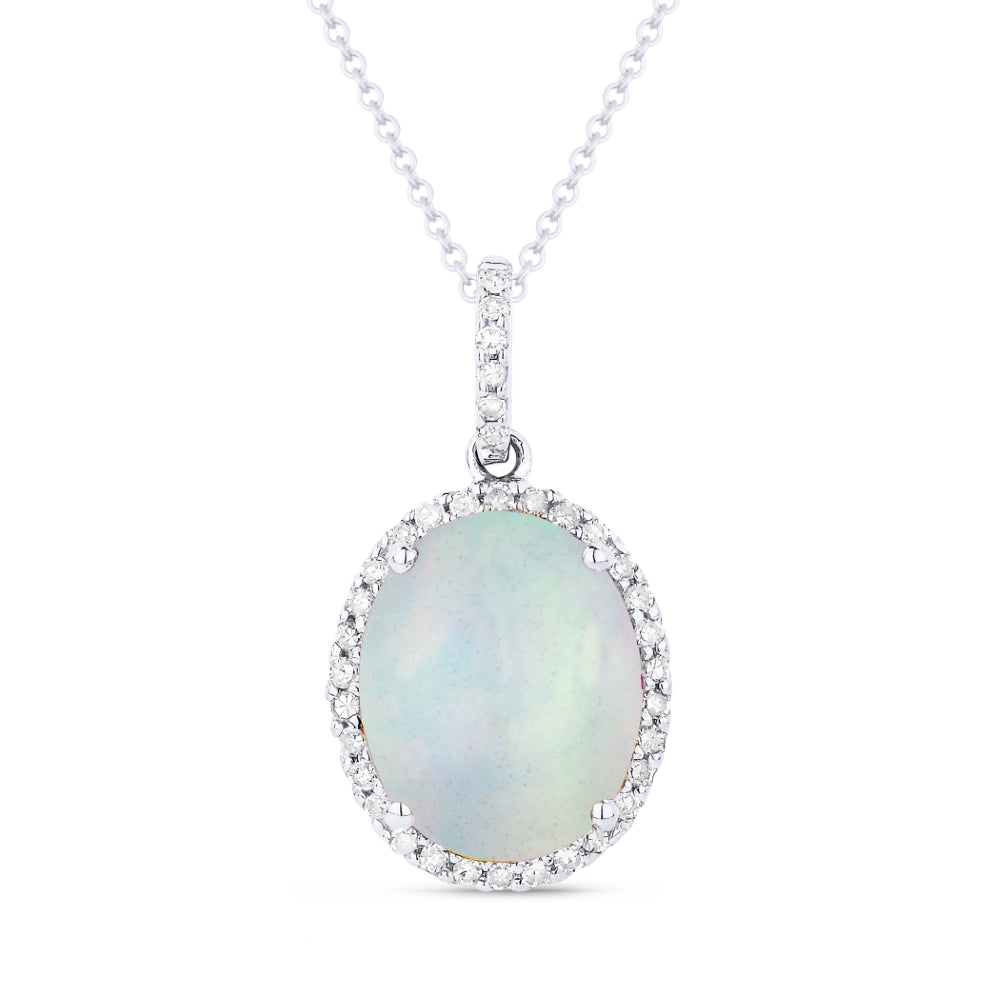 Beautiful Hand Crafted 14K White Gold 8X10MM Created Ethiopian Opal And Diamond Essentials Collection Pendant