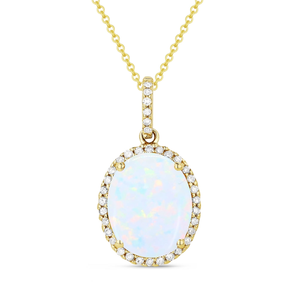 Beautiful Hand Crafted 14K Yellow Gold 8X10MM Created Ethiopian Opal And Diamond Essentials Collection Pendant