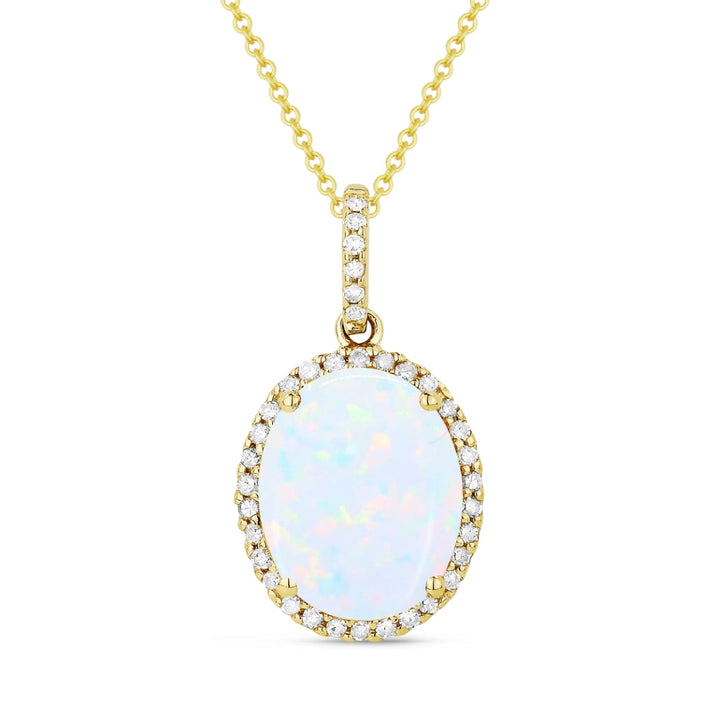 Beautiful Hand Crafted 14K Yellow Gold 8X10MM Created Ethiopian Opal And Diamond Essentials Collection Pendant