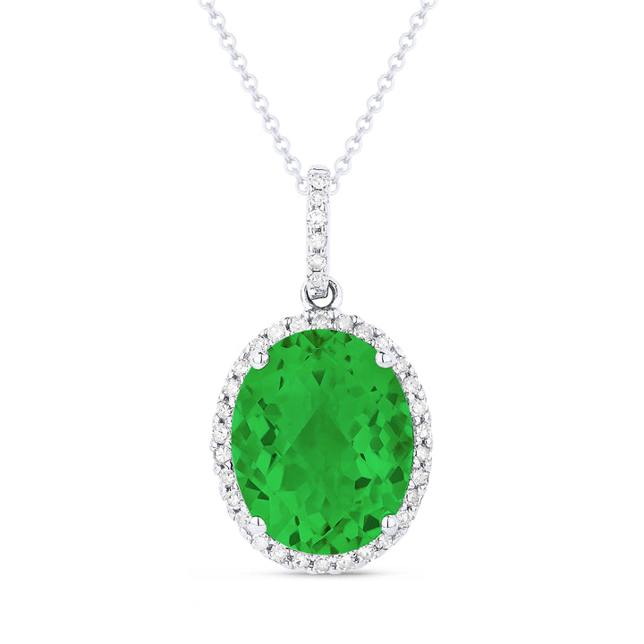 Beautiful Hand Crafted 14K White Gold 8X10MM Created Emerald And Diamond Essentials Collection Pendant