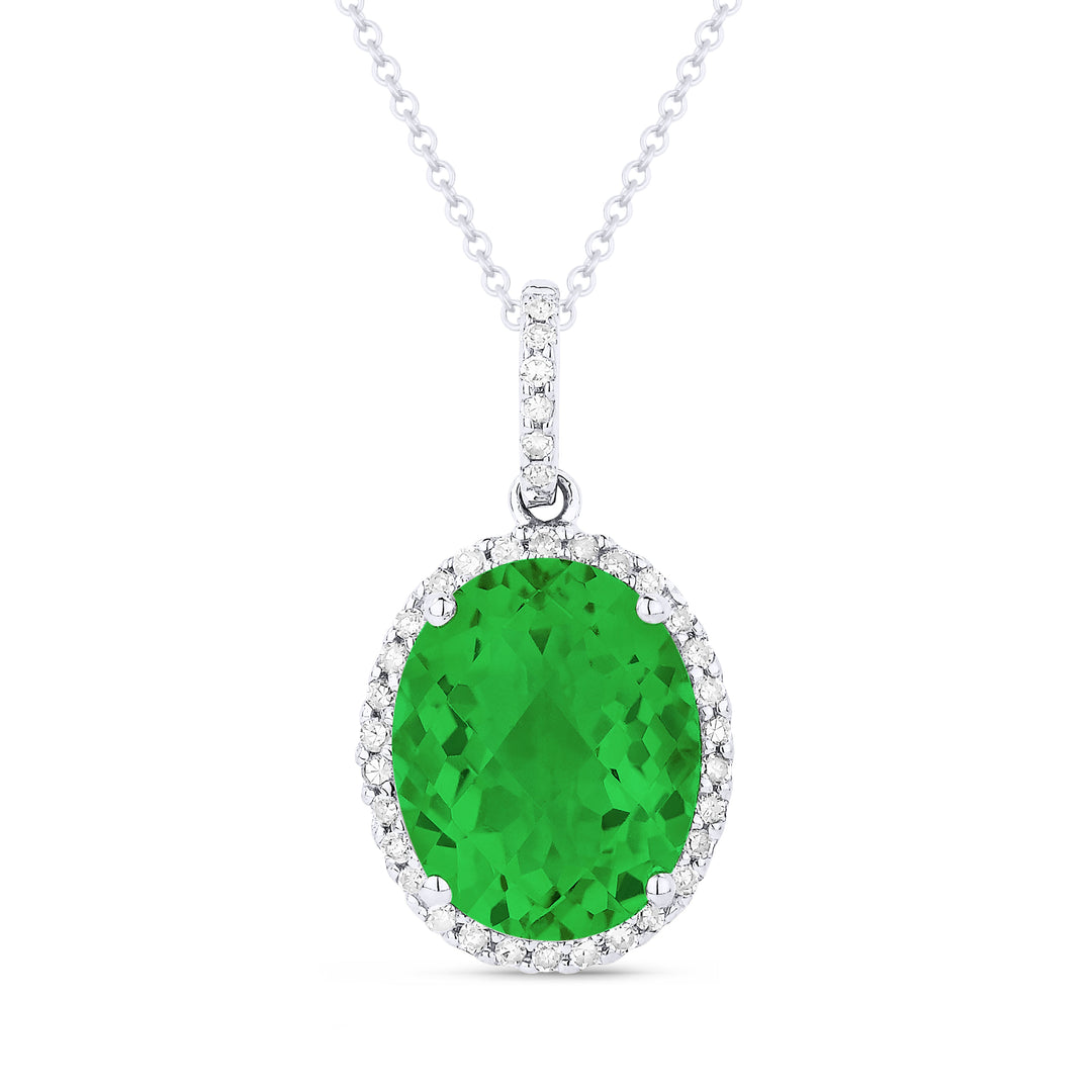 Beautiful Hand Crafted 14K White Gold 8X10MM Created Emerald And Diamond Essentials Collection Pendant