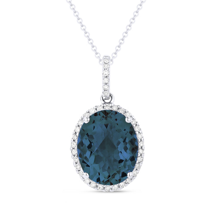 Beautiful Hand Crafted 14K White Gold 8X10MM London Blue Topaz And Diamond Essentials Collection Pendant