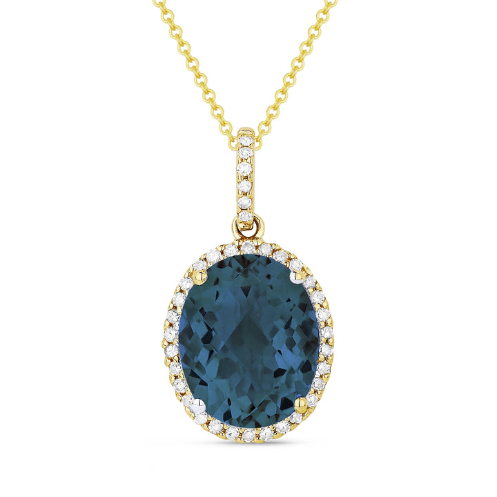 Beautiful Hand Crafted 14K Yellow Gold 8X10MM London Blue Topaz And Diamond Essentials Collection Pendant