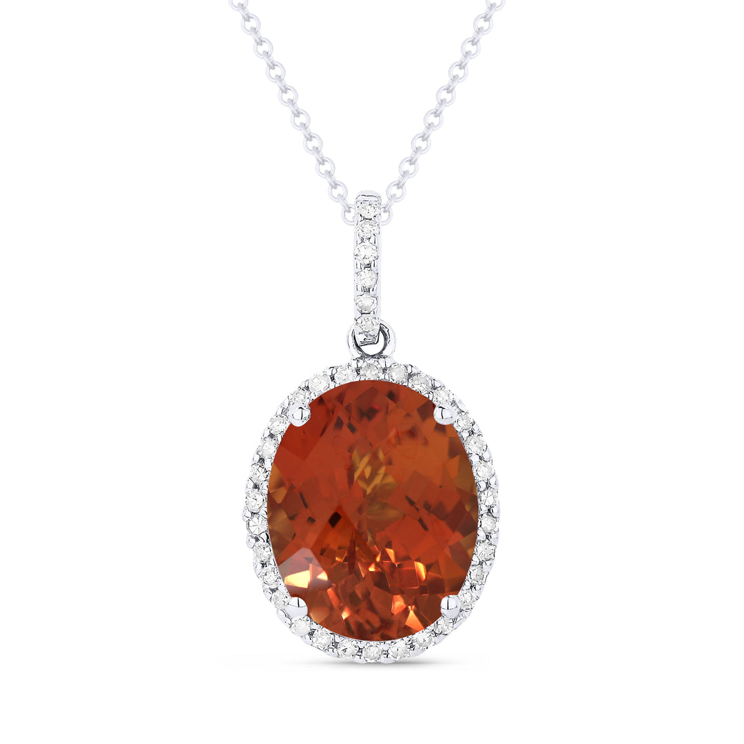 Beautiful Hand Crafted 14K White Gold 8X10MM Created Padparadscha And Diamond Essentials Collection Pendant