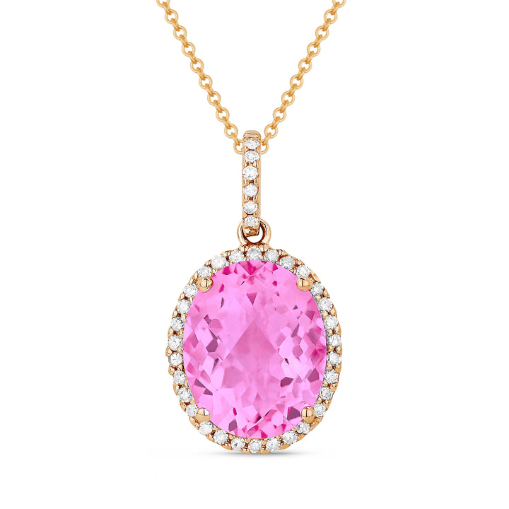 Beautiful Hand Crafted 14K Rose Gold 8X10MM Created Pink Sapphire And Diamond Essentials Collection Pendant