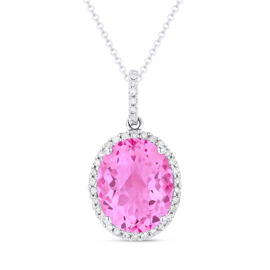 Beautiful Hand Crafted 14K White Gold 8X10MM Created Pink Sapphire And Diamond Essentials Collection Pendant