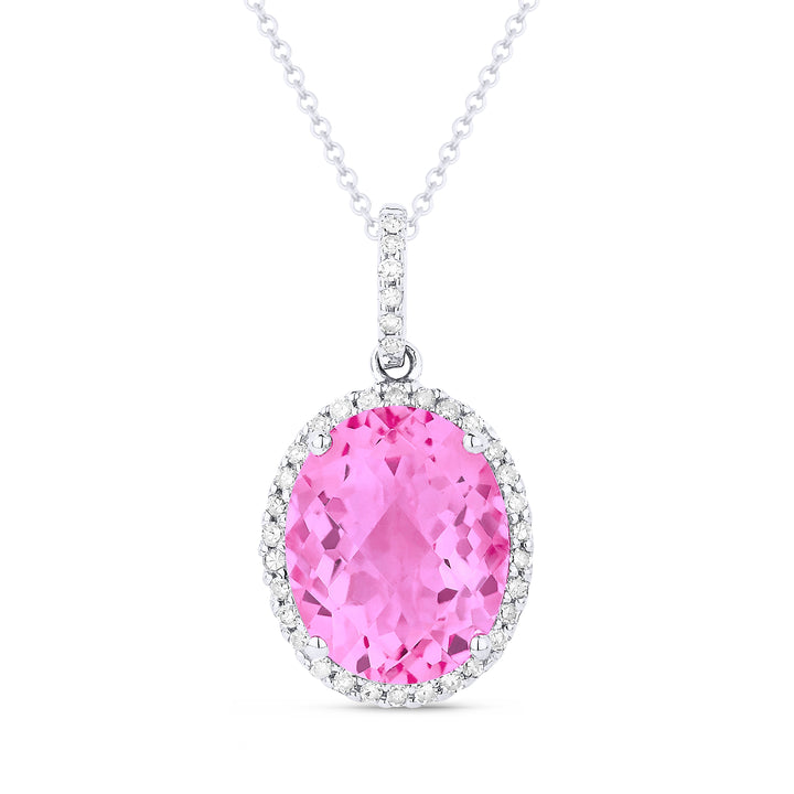 Beautiful Hand Crafted 14K White Gold 8X10MM Created Pink Sapphire And Diamond Essentials Collection Pendant