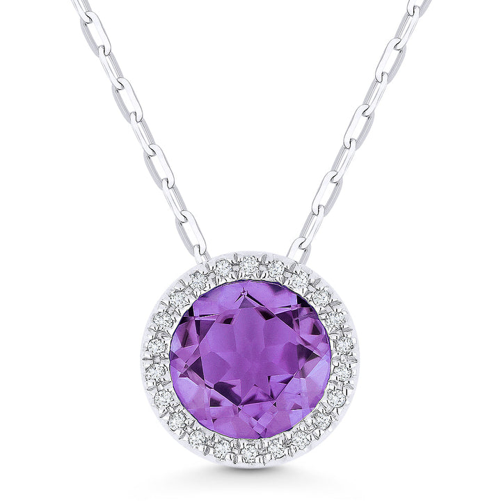 Beautiful Hand Crafted 14K White Gold 7MM Amethyst And Diamond Essentials Collection Pendant