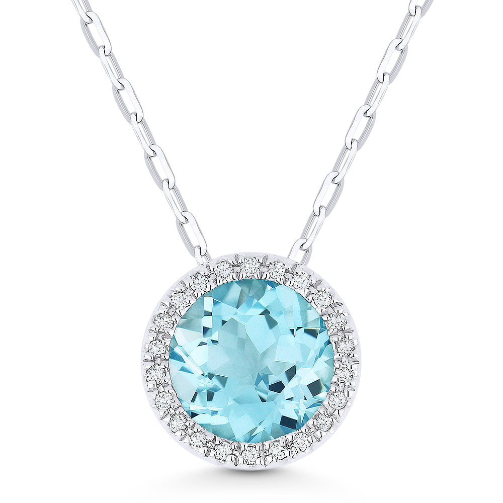 Beautiful Hand Crafted 14K White Gold 7MM Aquamarine And Diamond Essentials Collection Pendant