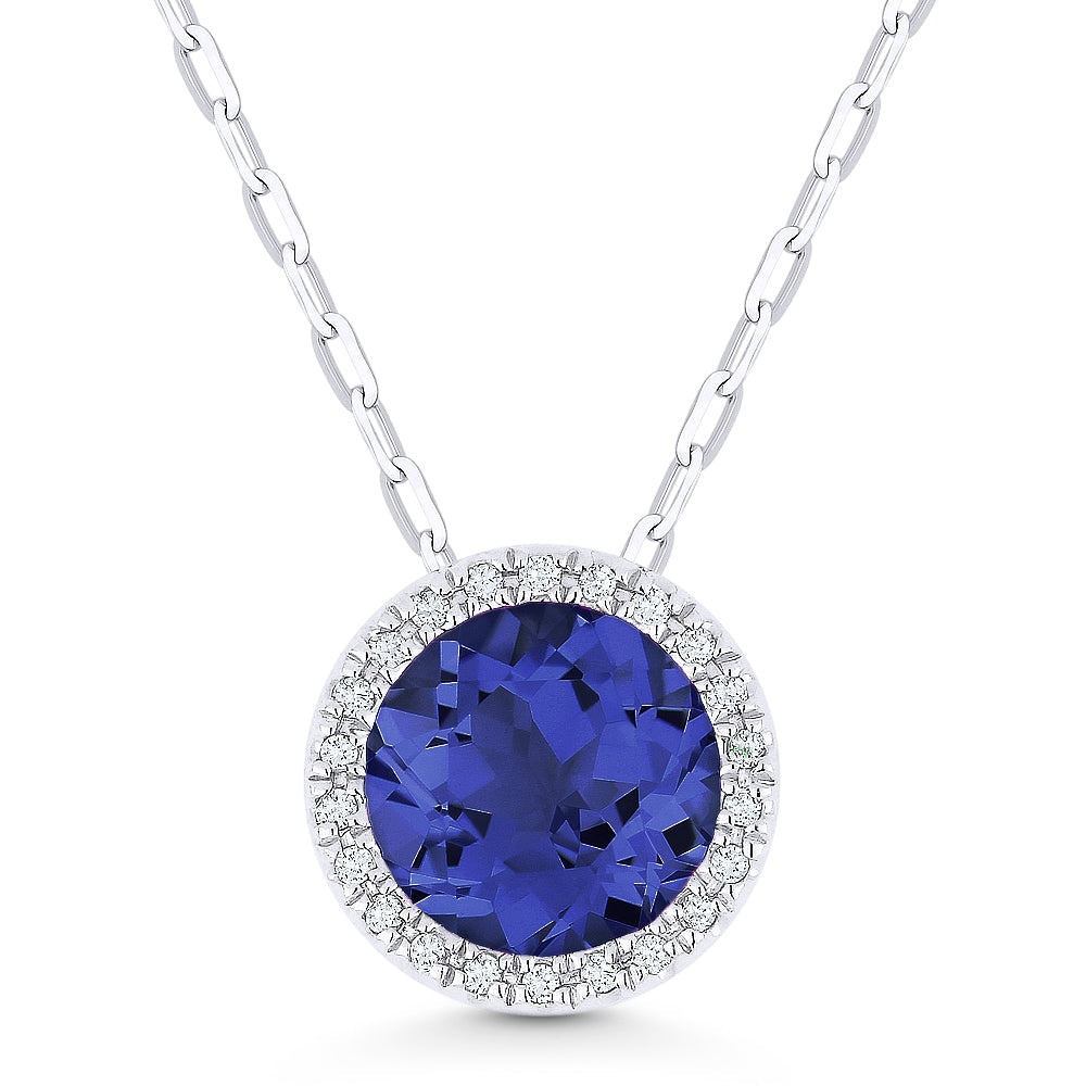 Beautiful Hand Crafted 14K White Gold 7MM Created Sapphire And Diamond Essentials Collection Pendant