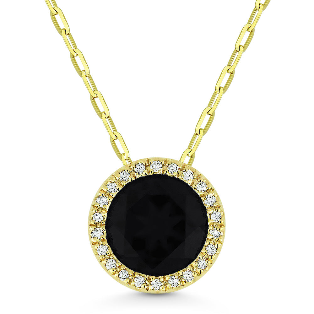 Beautiful Hand Crafted 14K Yellow Gold 7MM Black Onyx And Diamond Essentials Collection Pendant