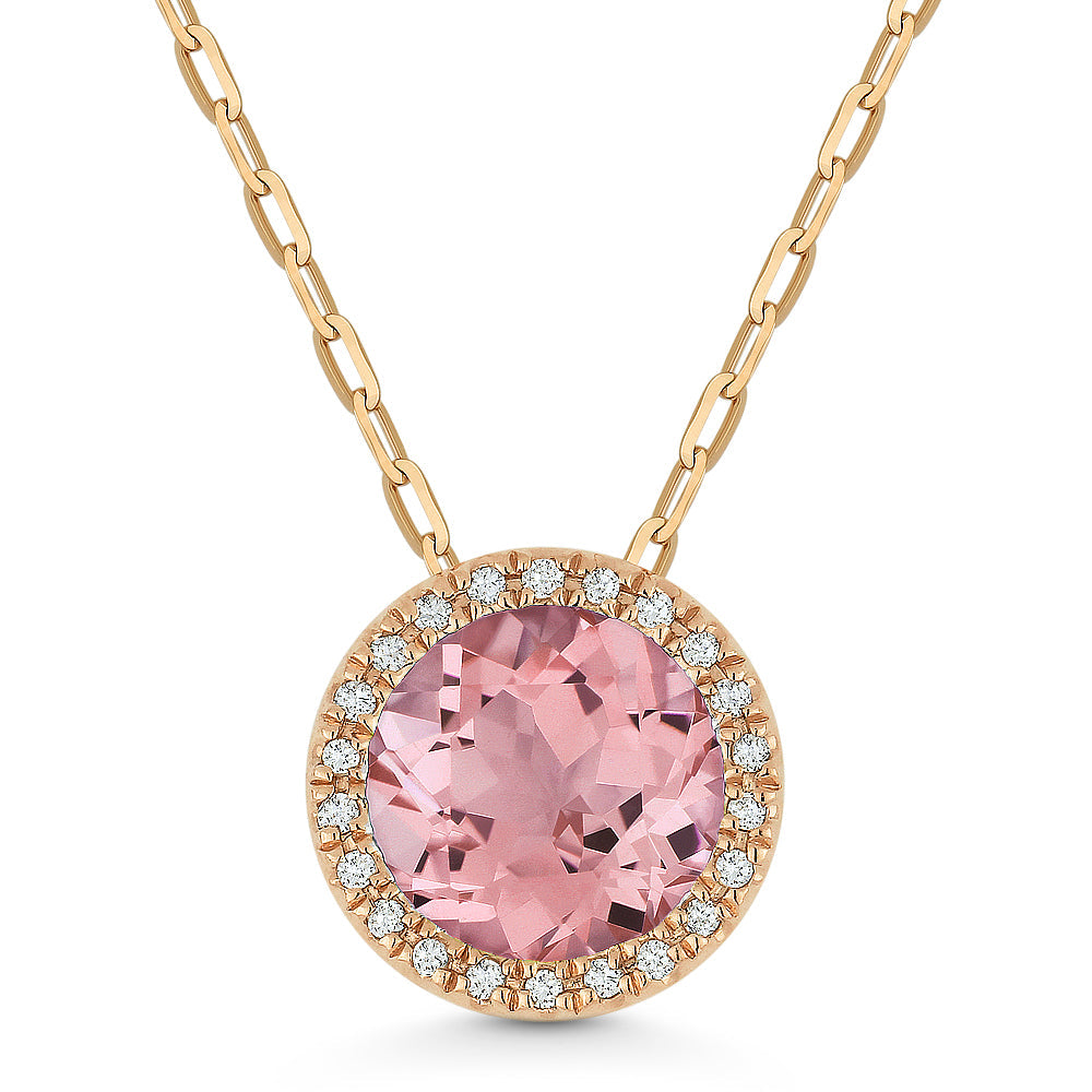 Beautiful Hand Crafted 14K Rose Gold 7MM Created Morganite And Diamond Essentials Collection Pendant