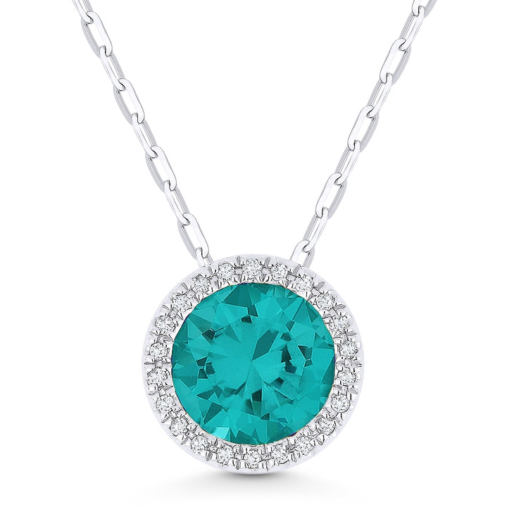 Beautiful Hand Crafted 14K White Gold 7MM Created Tourmaline Paraiba And Diamond Essentials Collection Pendant