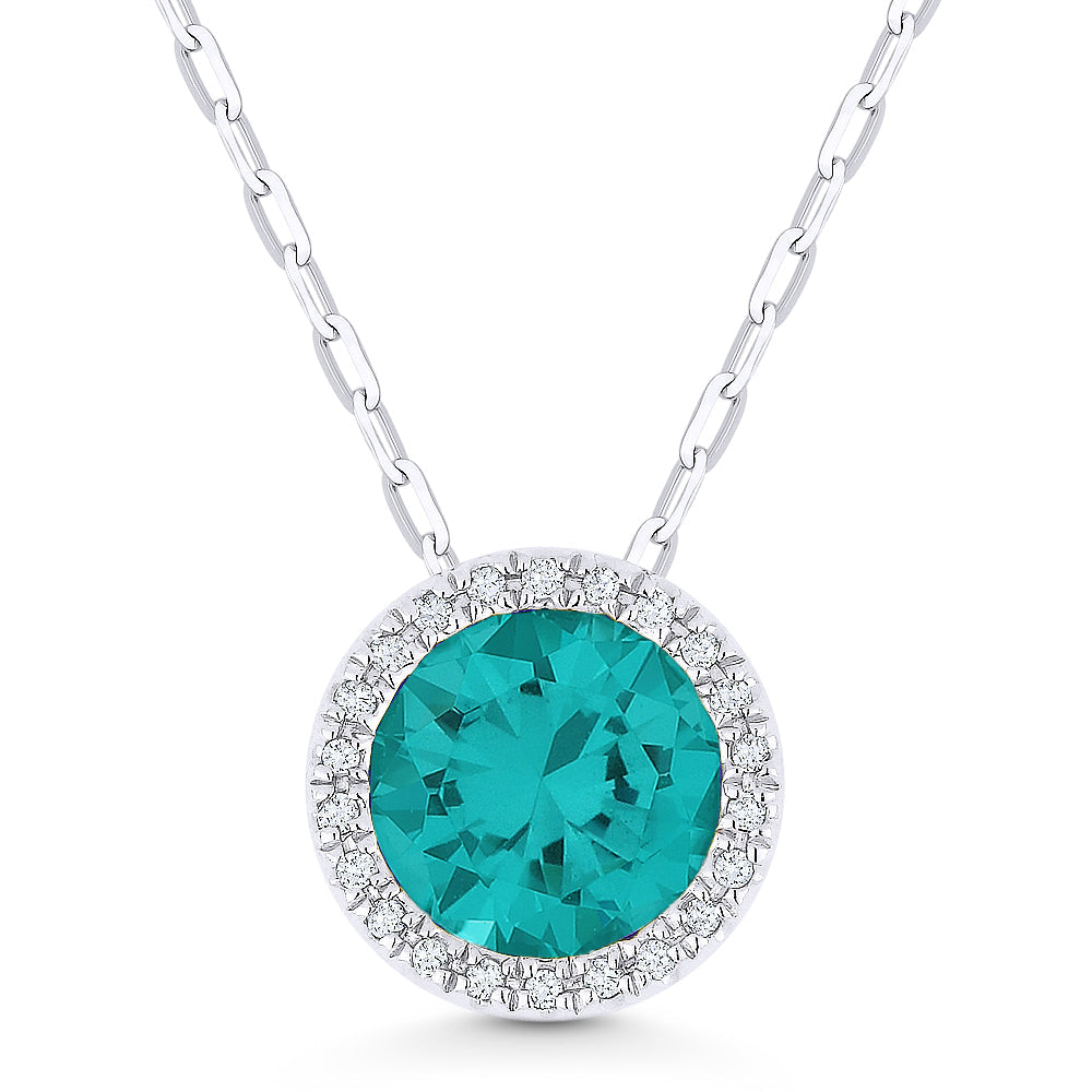 Beautiful Hand Crafted 14K White Gold 7MM Created Tourmaline Paraiba And Diamond Essentials Collection Pendant