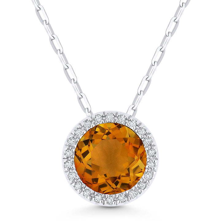 Beautiful Hand Crafted 14K White Gold 7MM Citrine And Diamond Essentials Collection Pendant