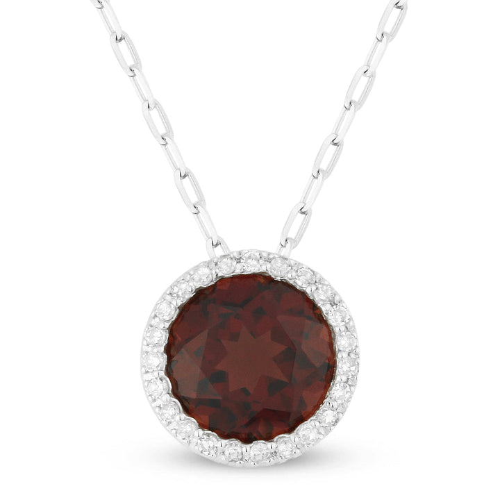 Beautiful Hand Crafted 14K White Gold 7MM Garnet And Diamond Essentials Collection Pendant