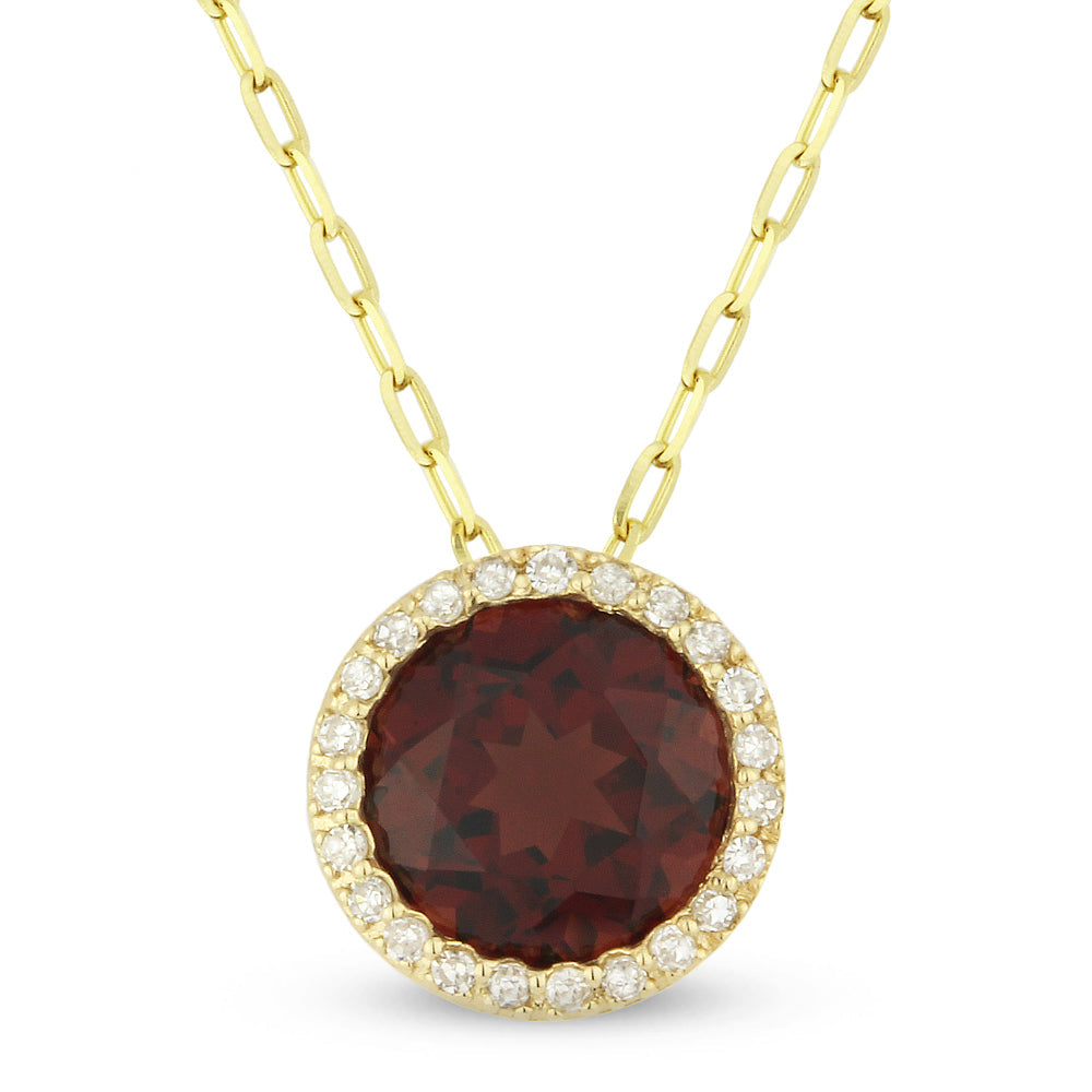 Beautiful Hand Crafted 14K Yellow Gold 7MM Garnet And Diamond Essentials Collection Pendant