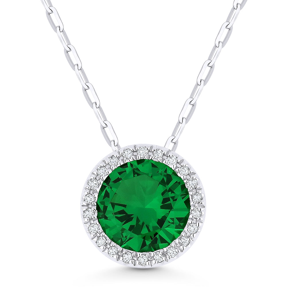 Beautiful Hand Crafted 14K White Gold 7MM Created Emerald And Diamond Essentials Collection Pendant