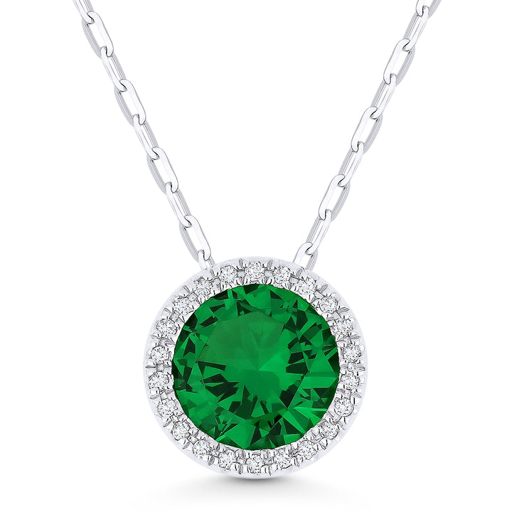 Beautiful Hand Crafted 14K White Gold 7MM Created Emerald And Diamond Essentials Collection Pendant