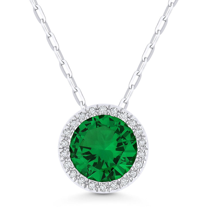 Beautiful Hand Crafted 14K White Gold 7MM Created Emerald And Diamond Essentials Collection Pendant