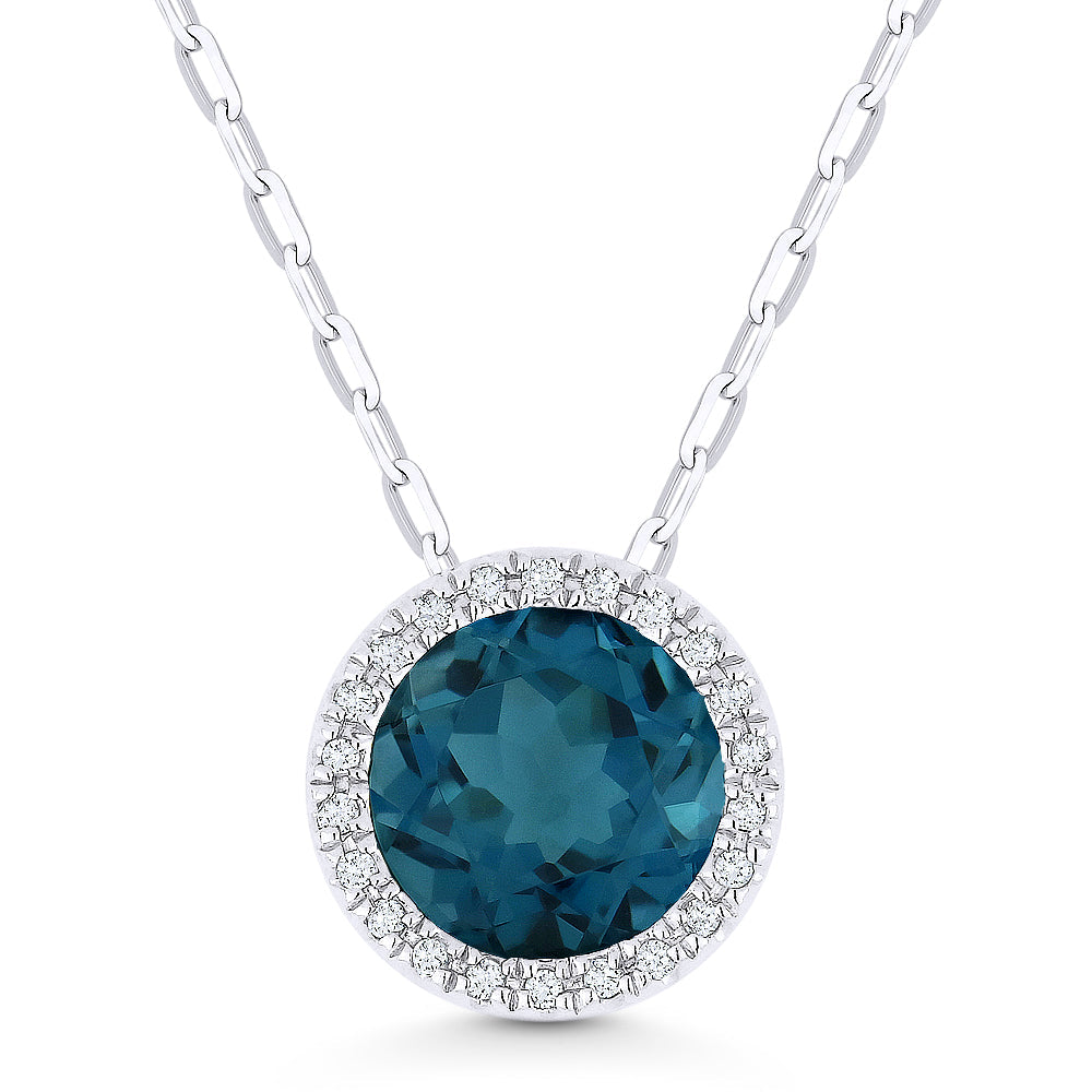 Beautiful Hand Crafted 14K White Gold 7MM London Blue Topaz And Diamond Essentials Collection Pendant