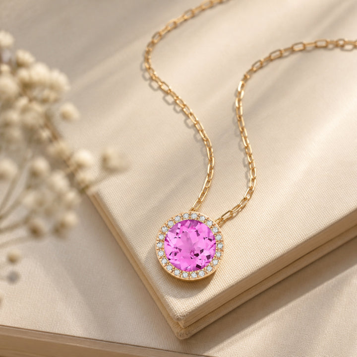 Madison L 14K Rose Gold Created Pink Sapphire Round Pendant - style N1041PCP
