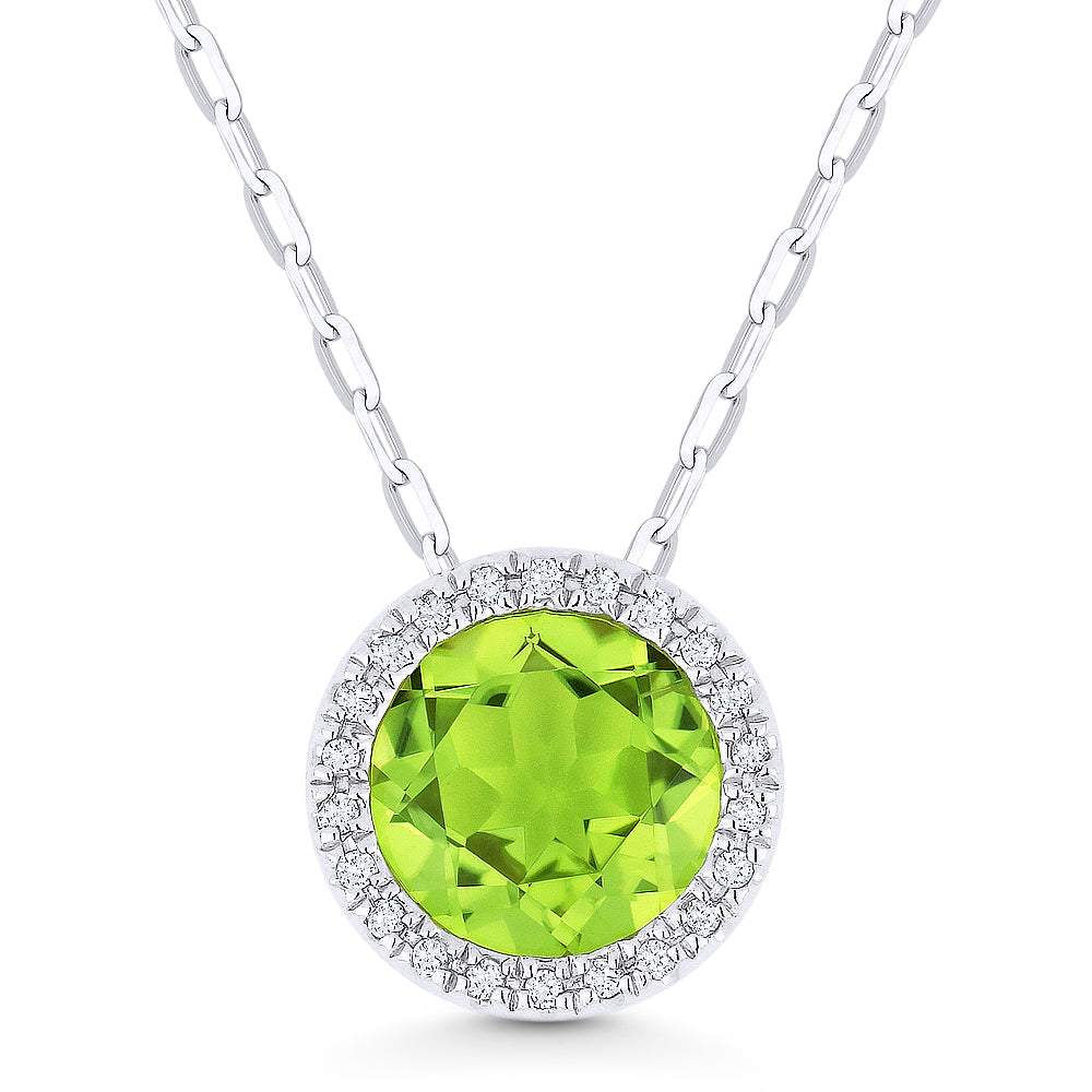 Beautiful Hand Crafted 14K White Gold 7MM Peridot And Diamond Essentials Collection Pendant