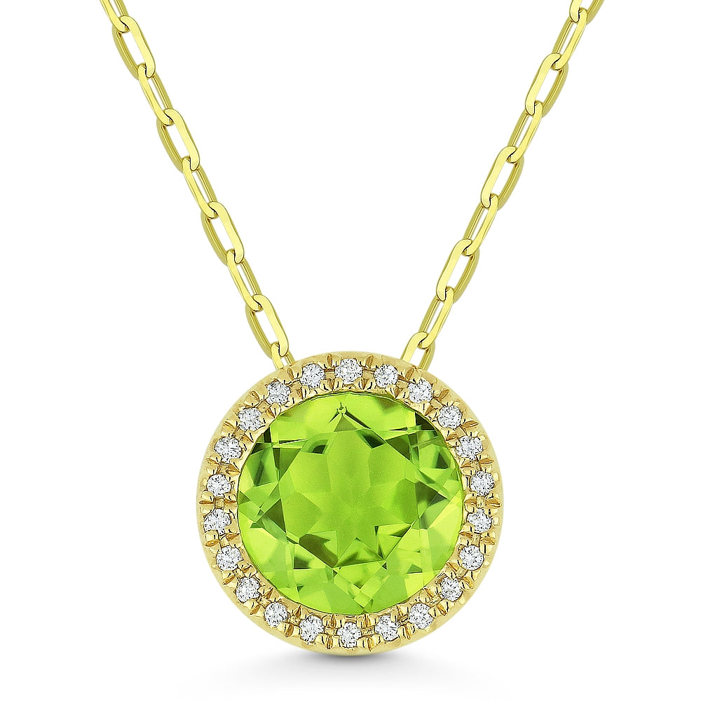 Beautiful Hand Crafted 14K Yellow Gold 7MM Peridot And Diamond Essentials Collection Pendant