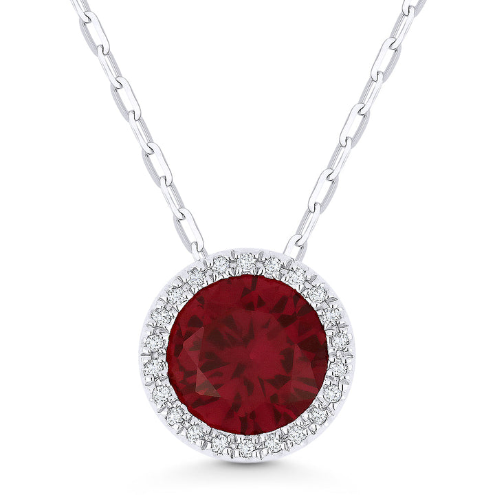 Beautiful Hand Crafted 14K White Gold 7MM Created Ruby And Diamond Essentials Collection Pendant