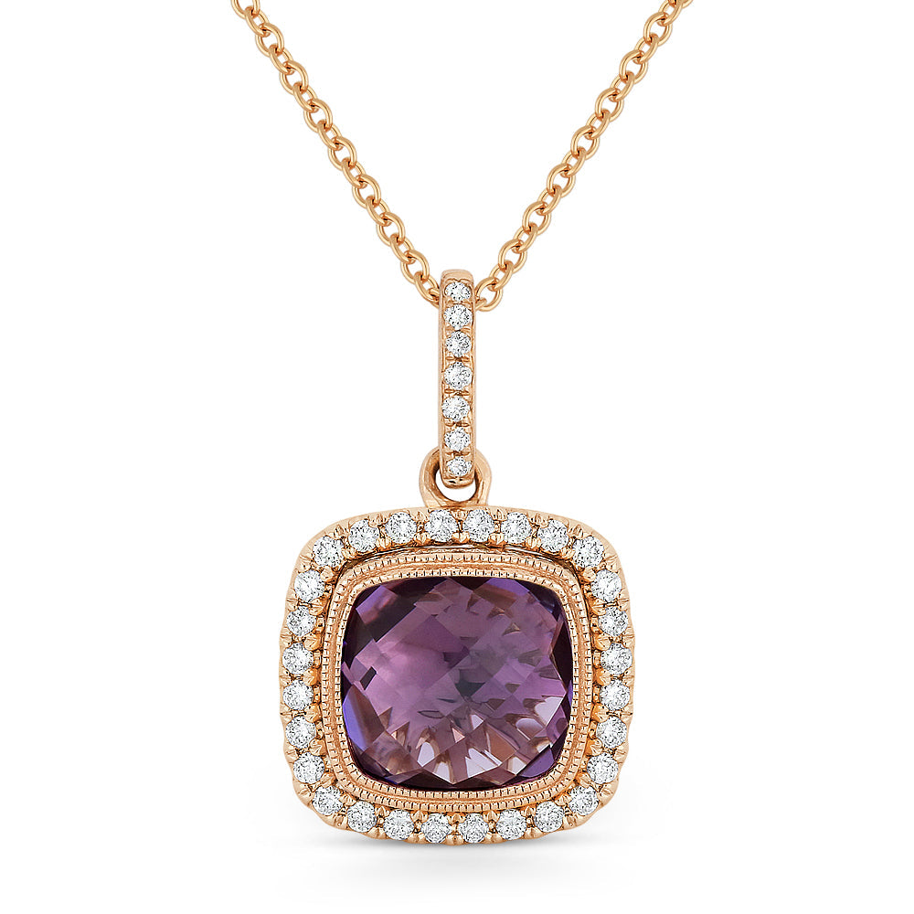 Beautiful Hand Crafted 14K Rose Gold 8MM Amethyst And Diamond Essentials Collection Pendant