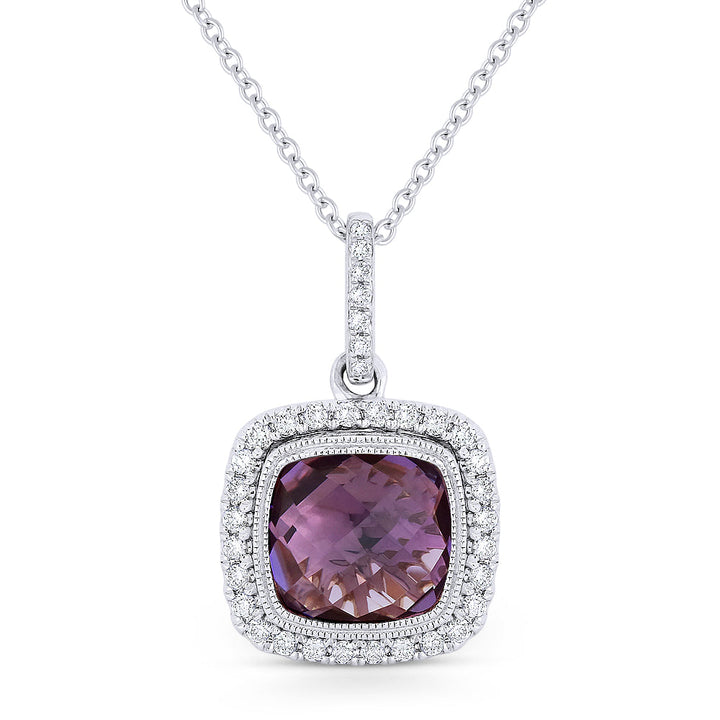 Beautiful Hand Crafted 14K White Gold 8MM Amethyst And Diamond Essentials Collection Pendant