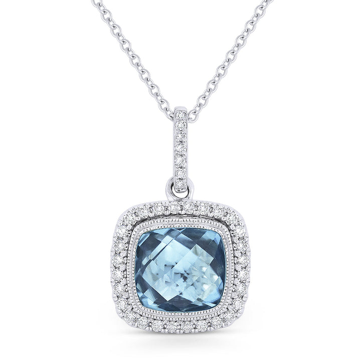 Beautiful Hand Crafted 14K White Gold 8MM Blue Topaz And Diamond Essentials Collection Pendant