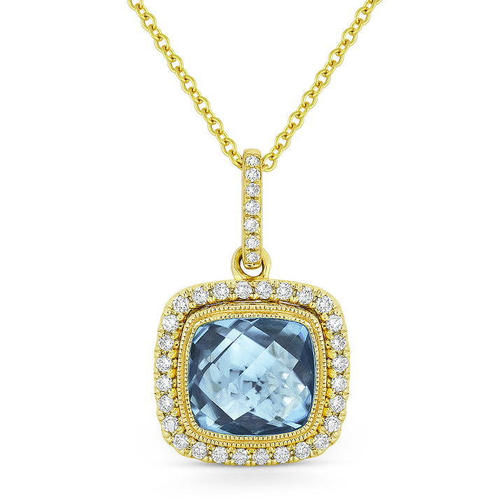 Beautiful Hand Crafted 14K Yellow Gold 8MM Blue Topaz And Diamond Essentials Collection Pendant