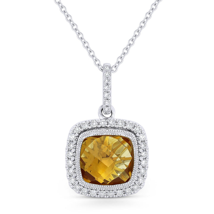 Beautiful Hand Crafted 14K White Gold 8MM Citrine And Diamond Essentials Collection Pendant