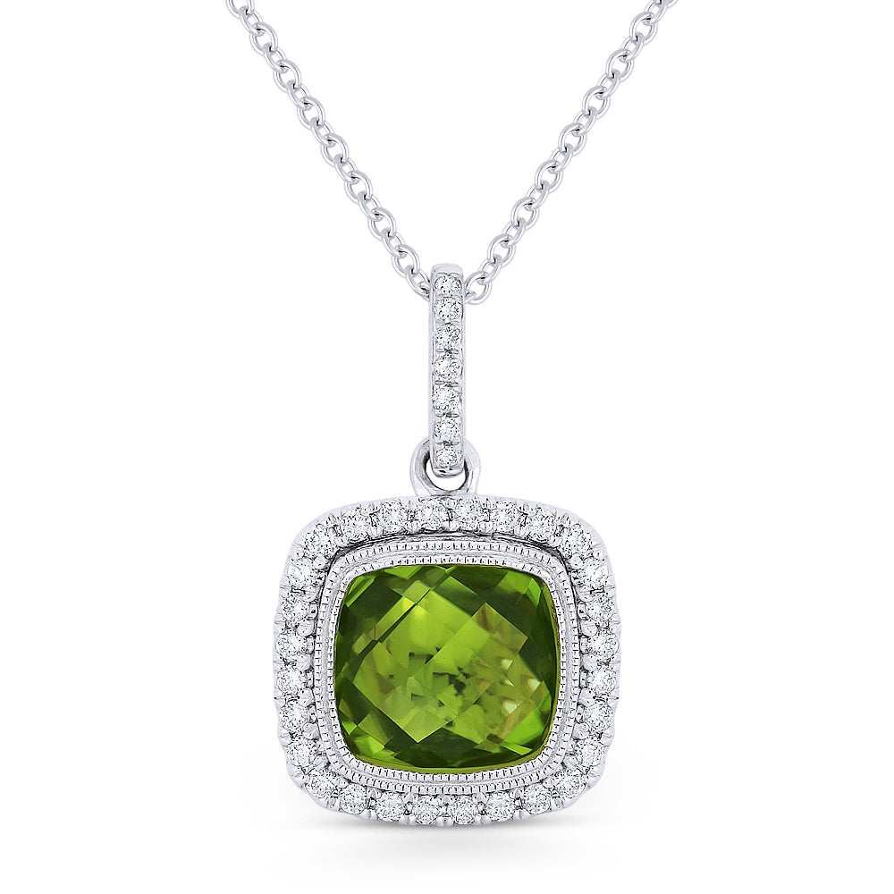 Beautiful Hand Crafted 14K White Gold 8MM Peridot And Diamond Essentials Collection Pendant