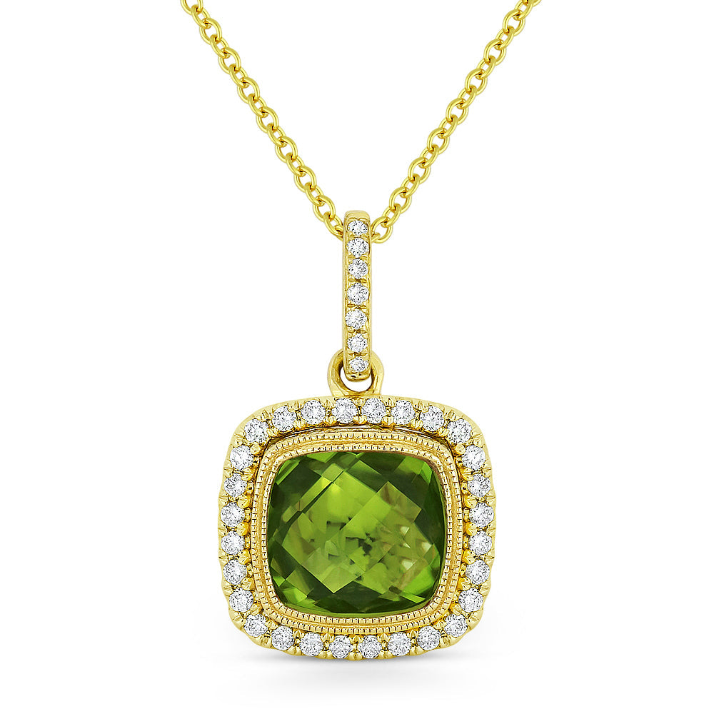 Beautiful Hand Crafted 14K Yellow Gold 8MM Peridot And Diamond Essentials Collection Pendant