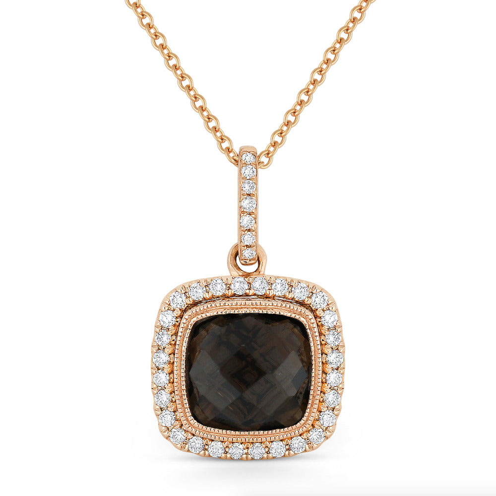 Beautiful Hand Crafted 14K Rose Gold 8MM Smokey Topaz And Diamond Essentials Collection Pendant