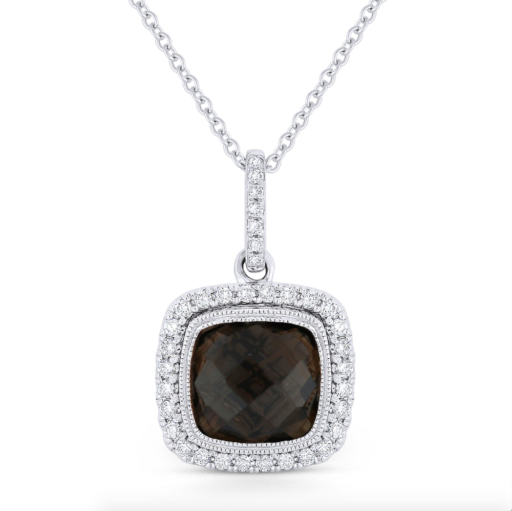 Beautiful Hand Crafted 14K White Gold 8MM Smokey Topaz And Diamond Essentials Collection Pendant