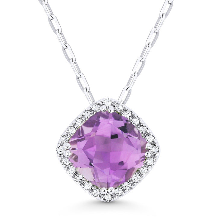 Beautiful Hand Crafted 14K White Gold 7MM Amethyst And Diamond Essentials Collection Pendant