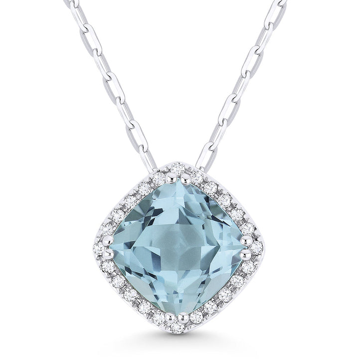 Beautiful Hand Crafted 14K White Gold 7MM Aquamarine And Diamond Essentials Collection Pendant