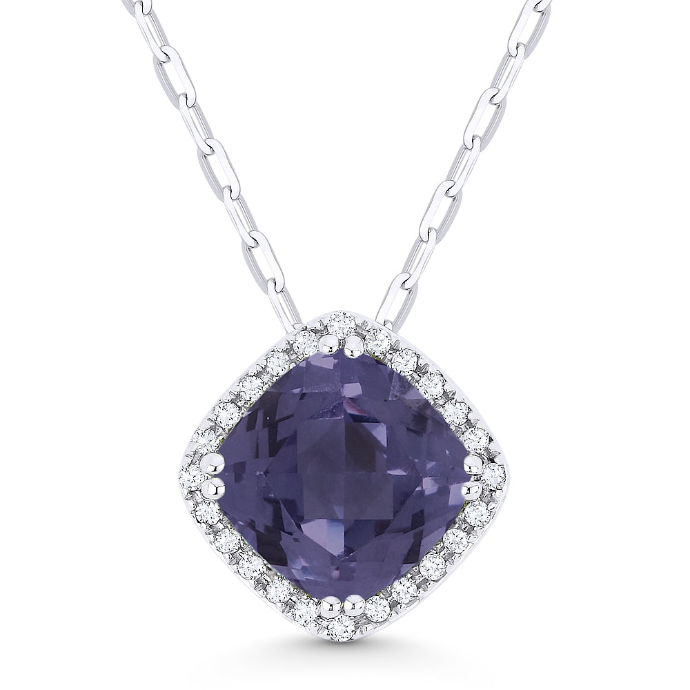 Beautiful Hand Crafted 14K White Gold 7MM Created Alexandrite And Diamond Essentials Collection Pendant
