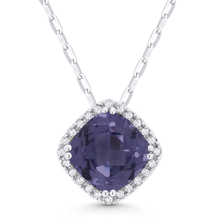 Beautiful Hand Crafted 14K White Gold 7MM Created Alexandrite And Diamond Essentials Collection Pendant